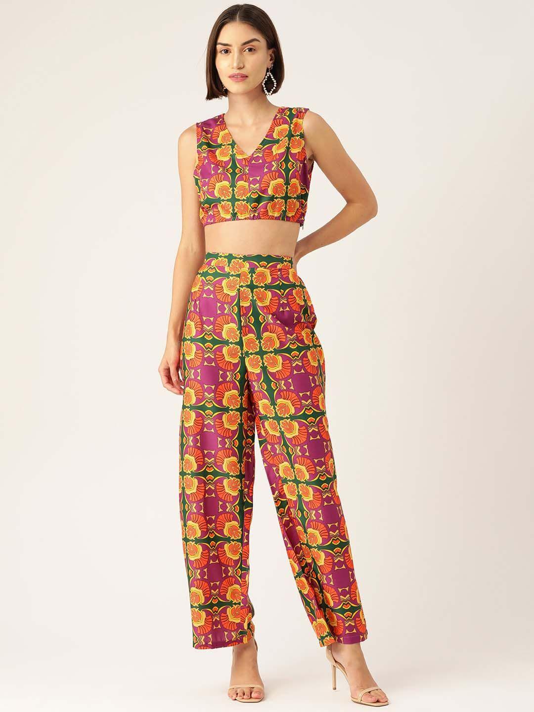 sirikit ethnic motif printed crop top with high-rise trousers