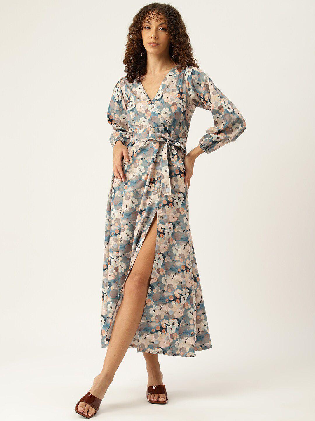sirikit floral printed puff sleeves belted front slit wrap style midi dress