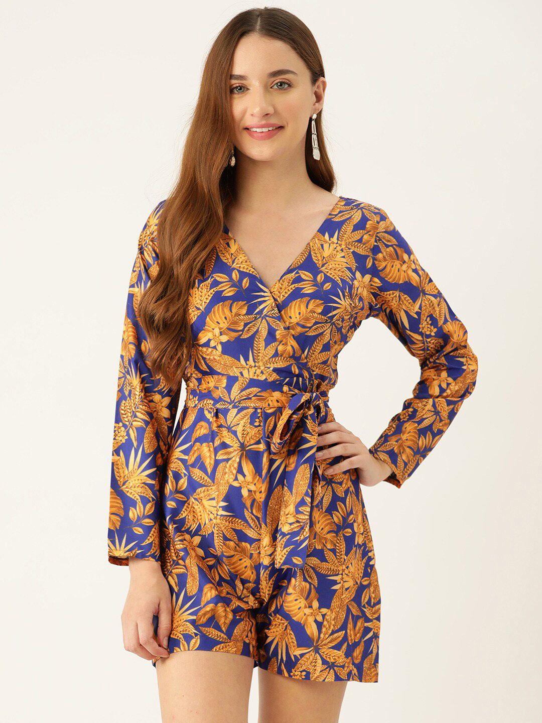 sirikit floral printed v-neck long sleeve waist tie-ups playsuit