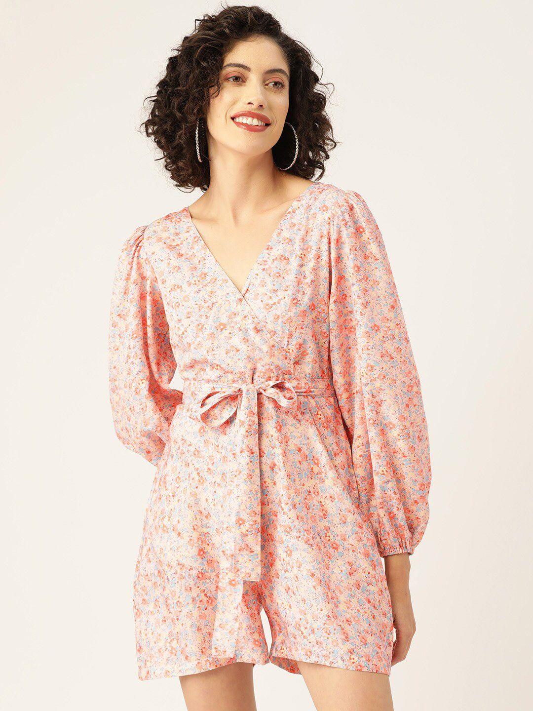 sirikit floral printed v-neck puff sleeves belted detail playsuit