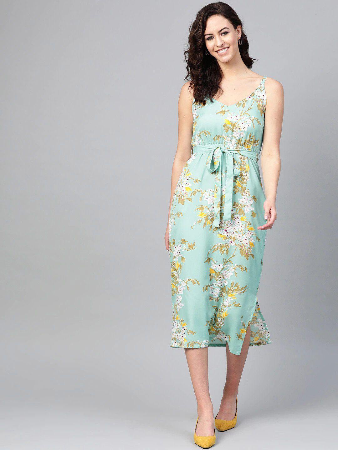 sirikit green floral crepe a-line midi dress