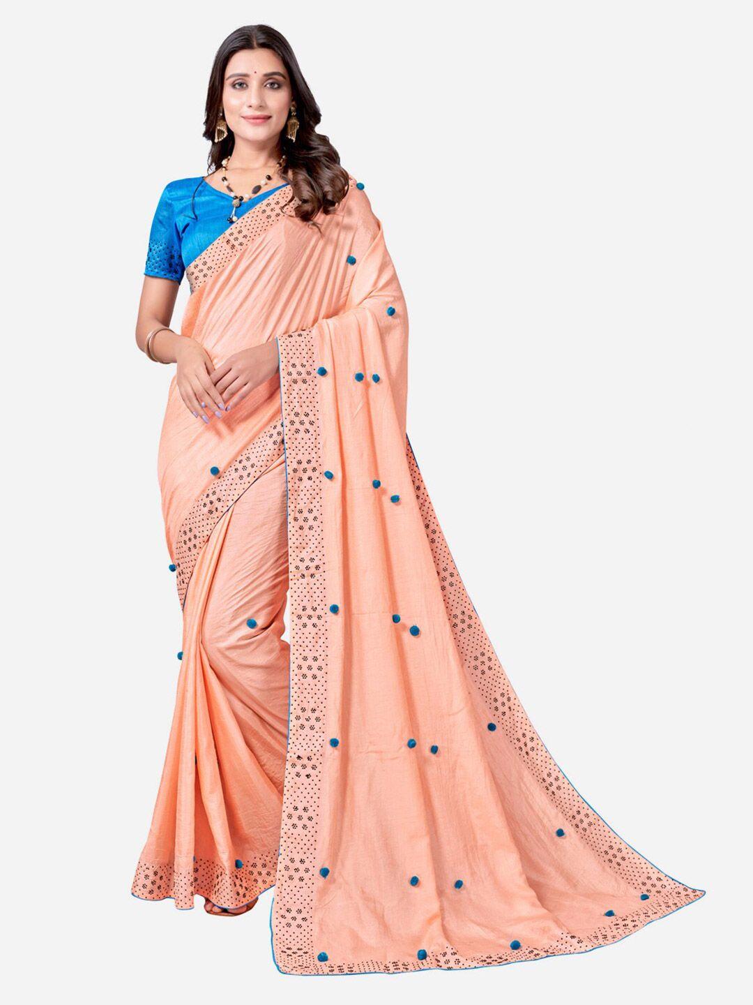 siril peach-coloured & blue embellished beads and stones silk cotton saree