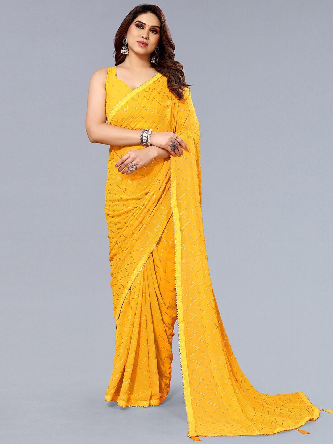 siril yellow & gold-toned embellished gotta patti poly georgette block print saree