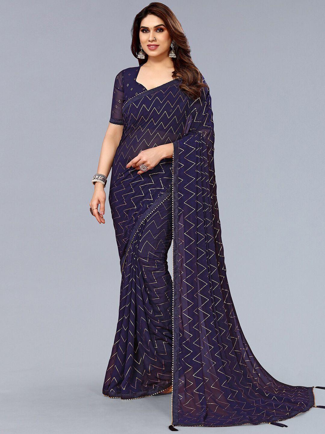 siril blue & gold-toned striped gotta patti poly georgette block print saree