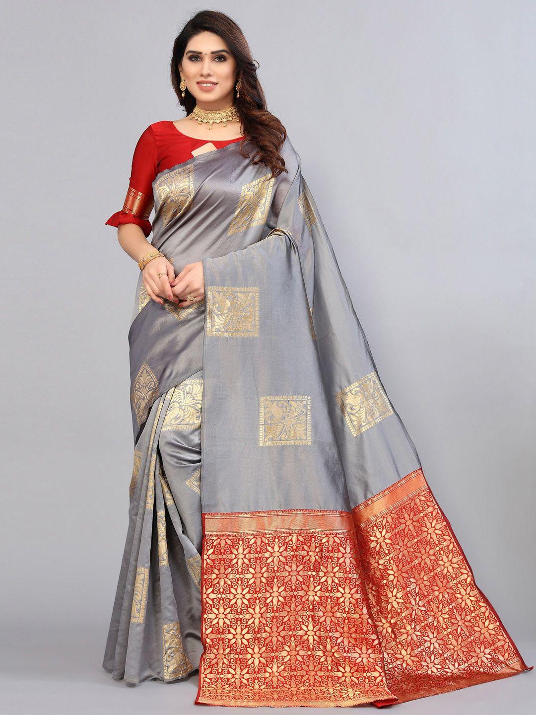 siril grey & gold-toned woven design zari banarasi saree