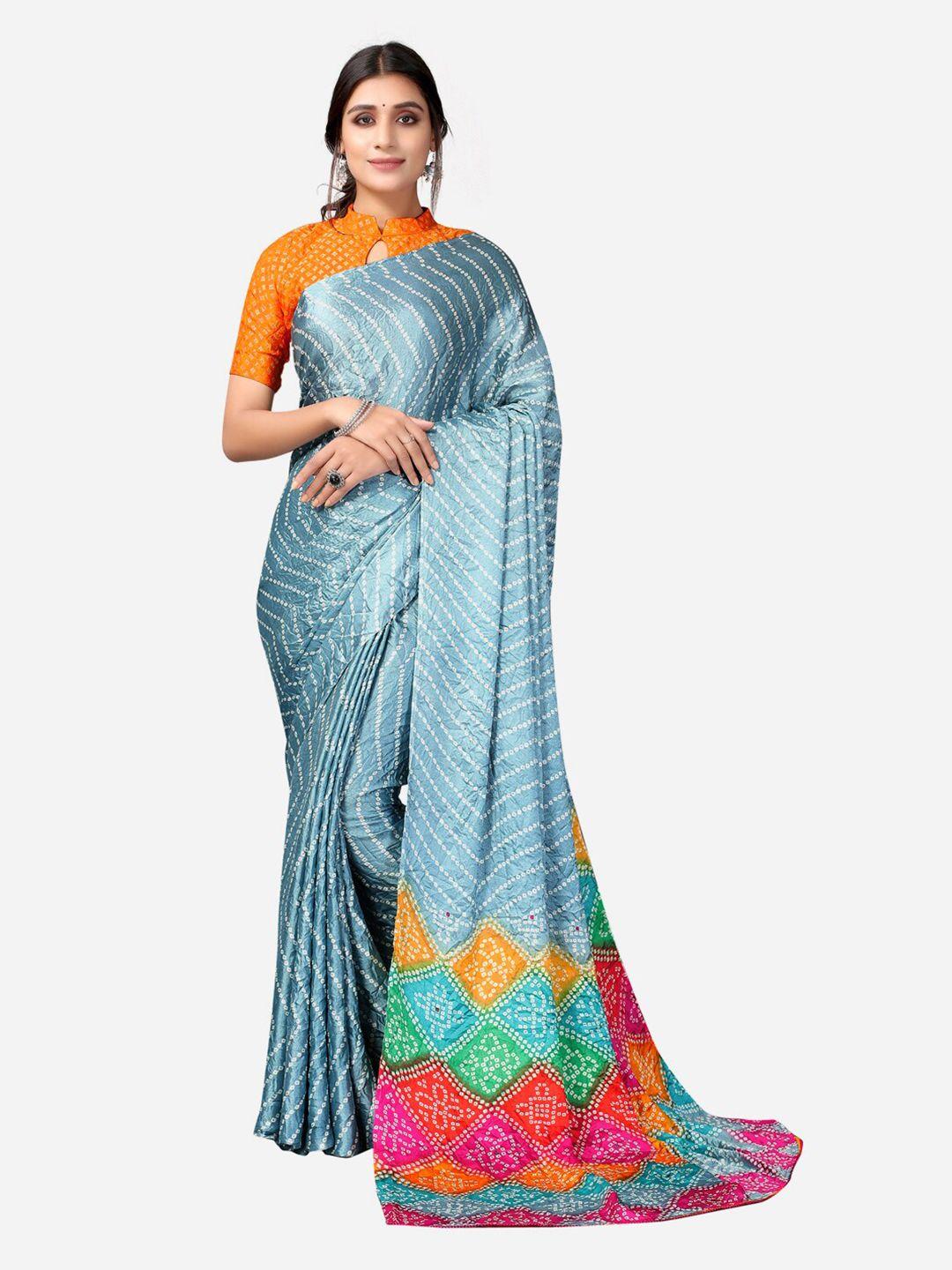 siril grey & pink bandhani printed silk blend saree