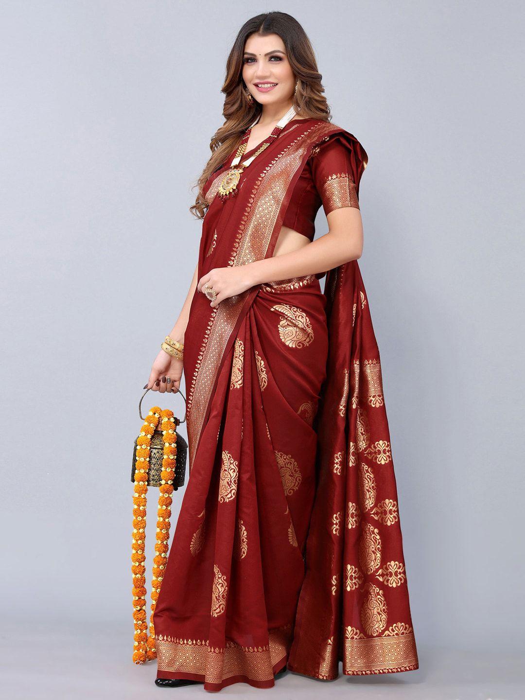 siril maroon & gold-toned paisley zari banarasi saree