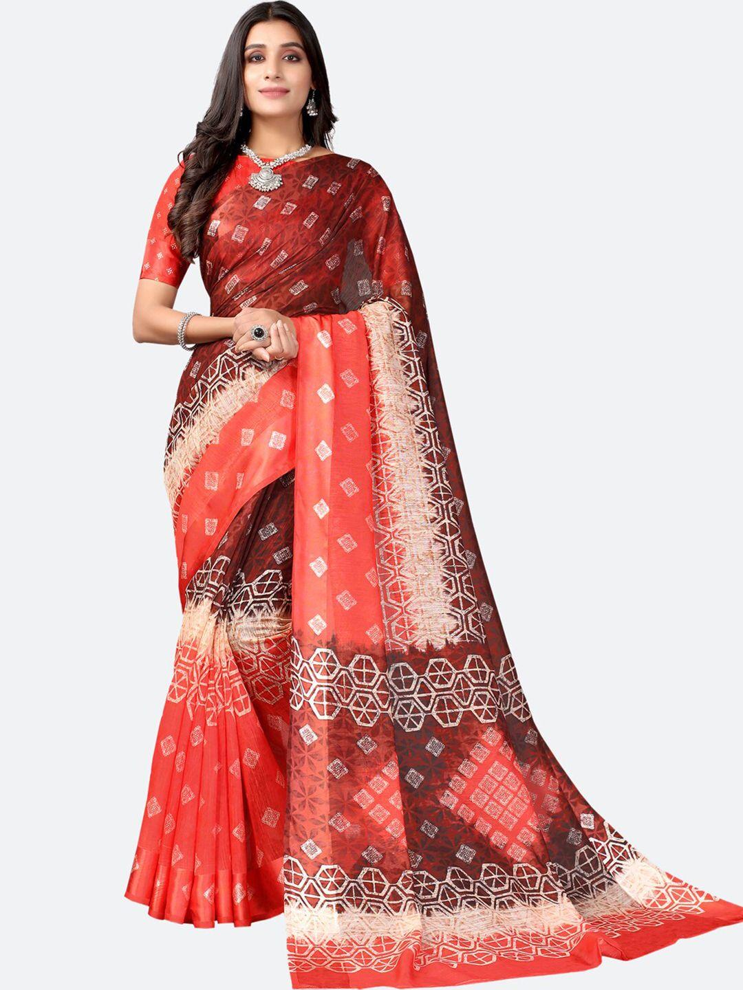 siril maroon & peach-coloured ethnic motifs printed saree
