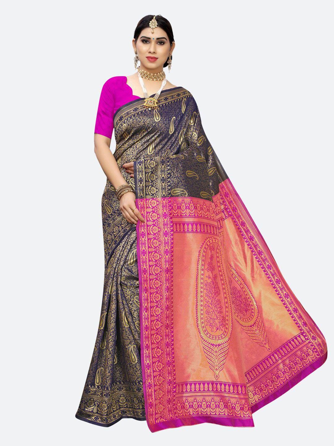 siril navy blue & pink woven design zari banarasi saree