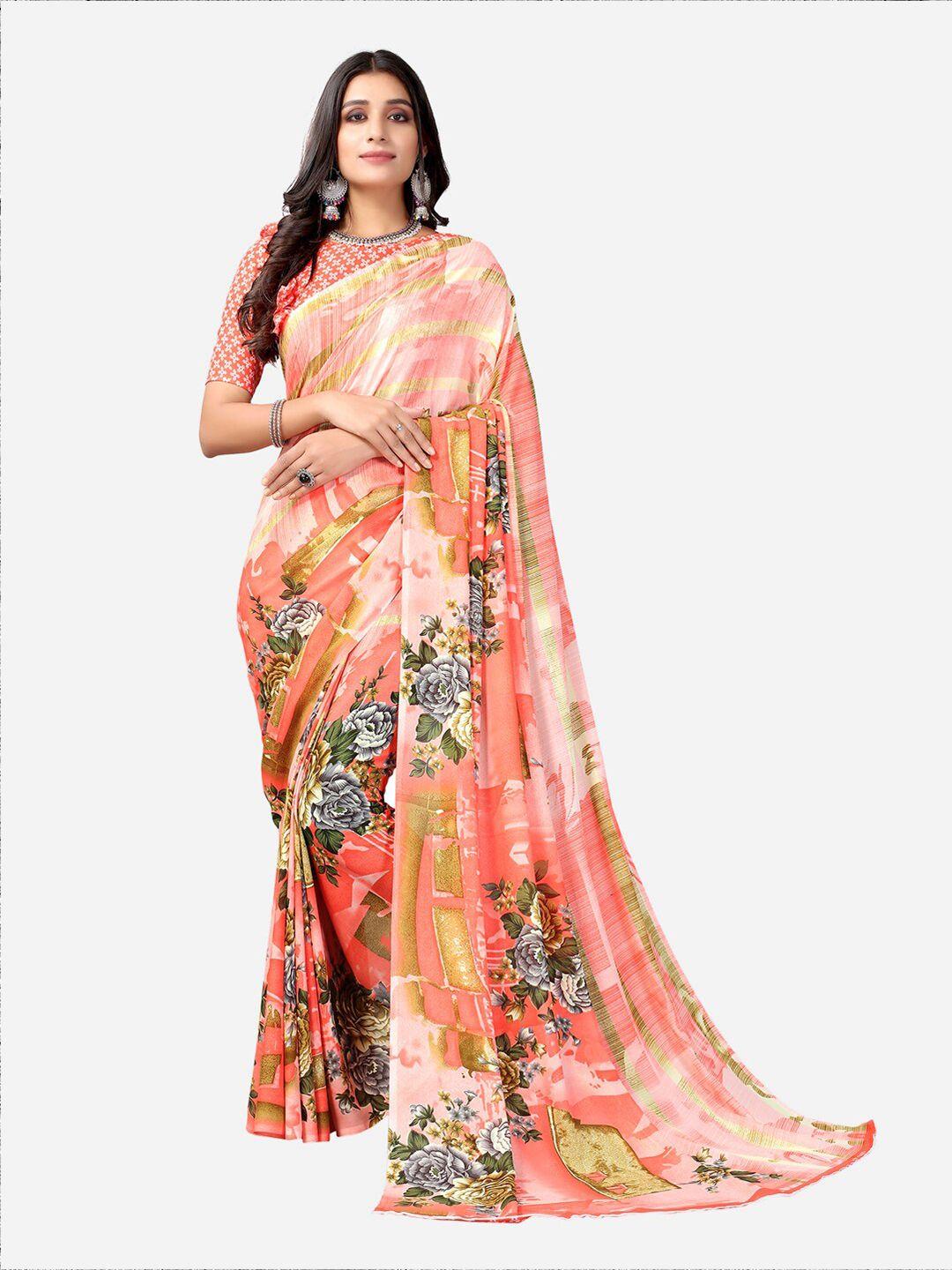 siril peach-coloured & blue floral poly georgette saree