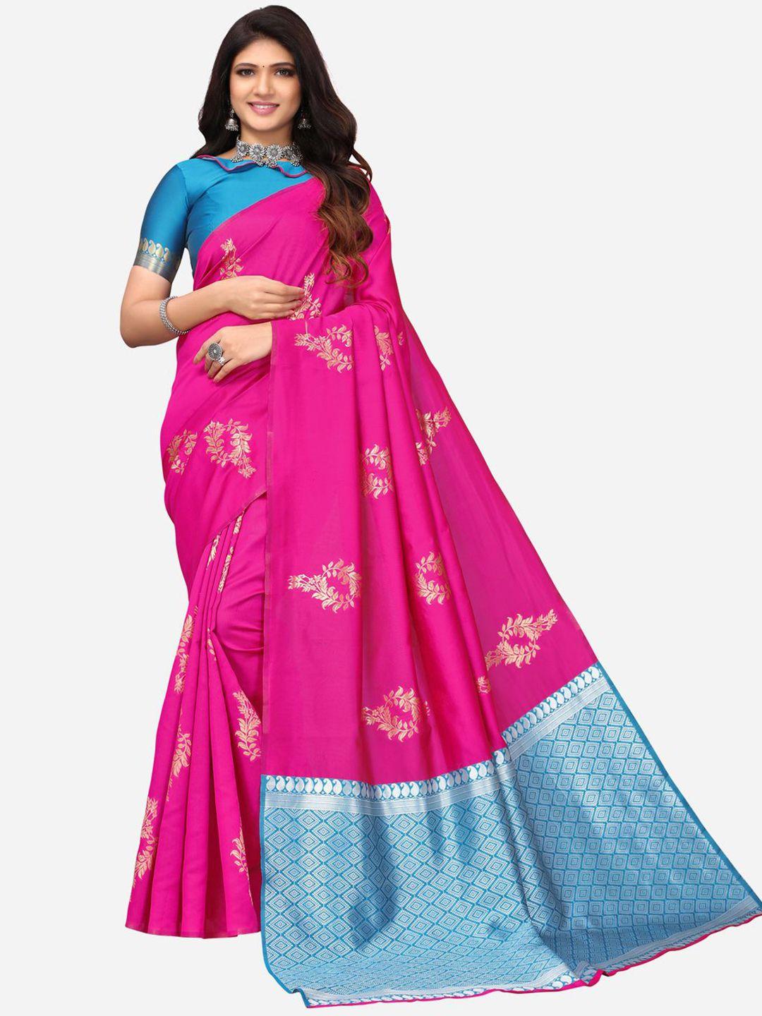 siril pink & blue woven design zari poly silk saree
