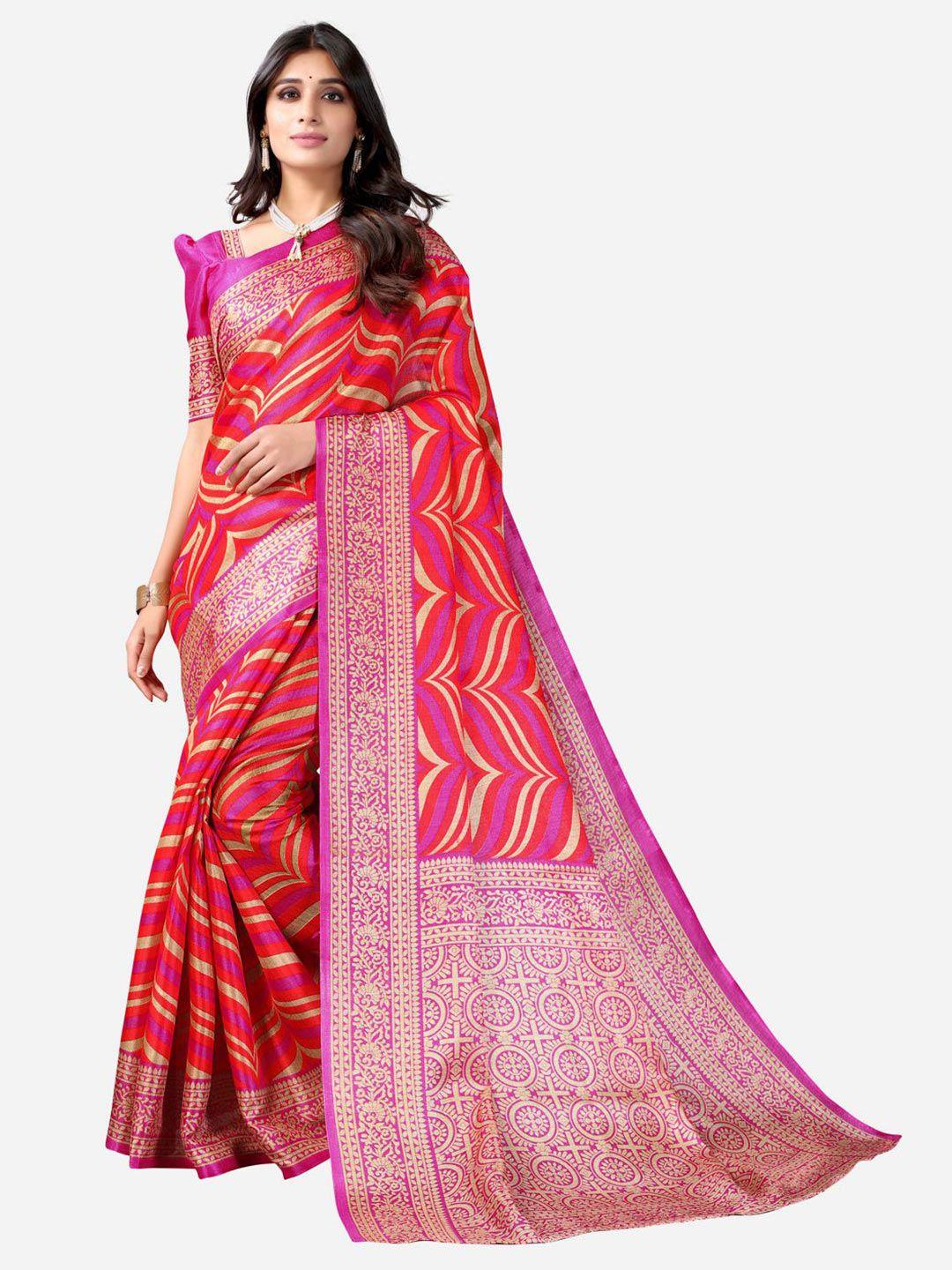 siril pink & gold-toned printed silk cotton saree