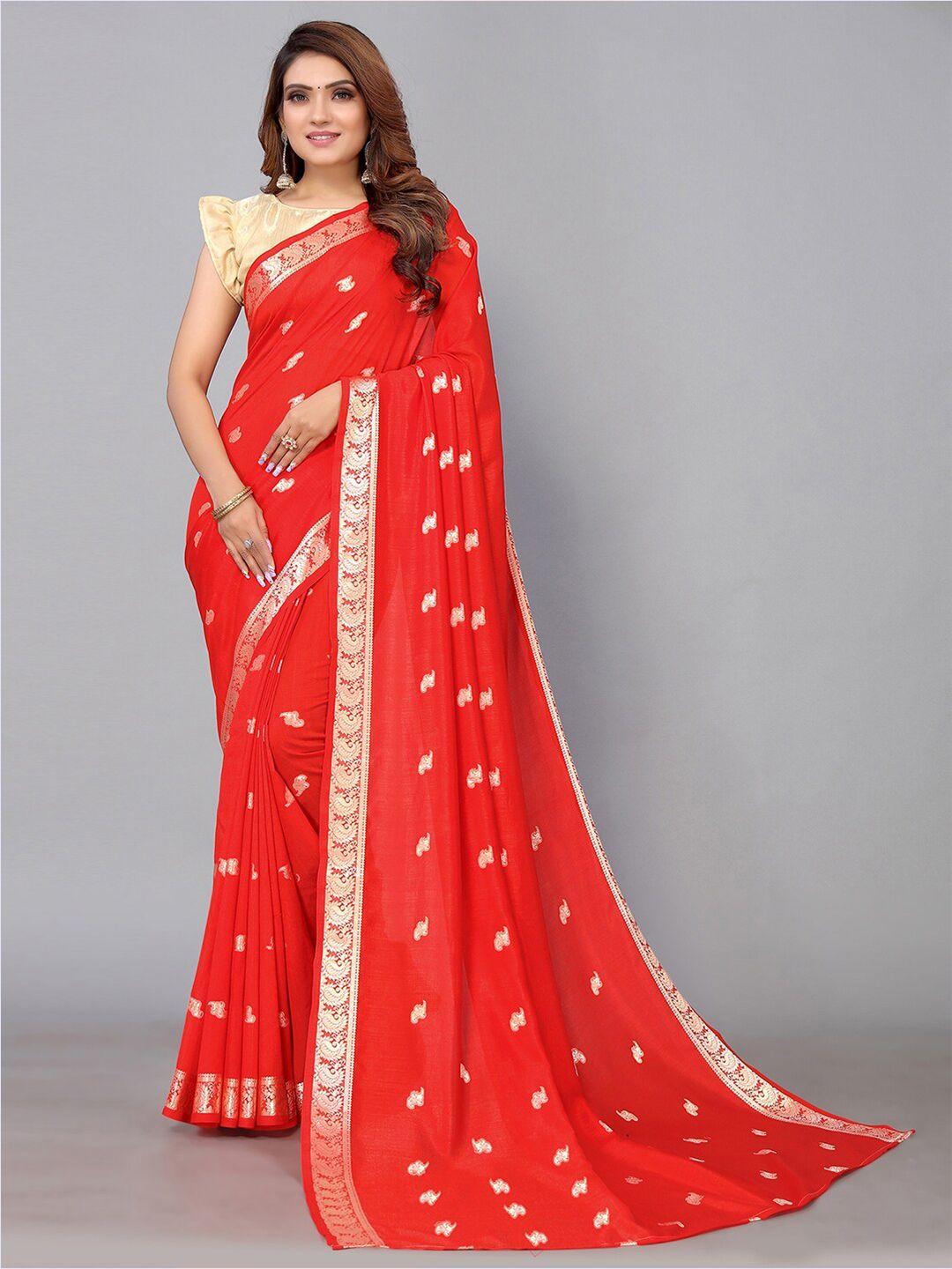 siril red & gold-toned woven design silk blend saree