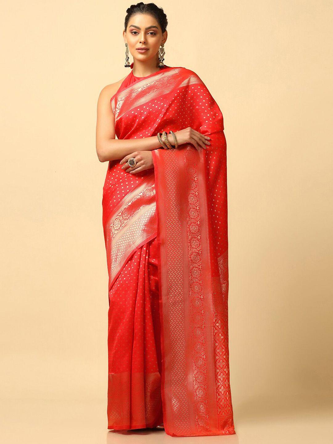 siril red & gold-toned woven design zari art silk banarasi saree