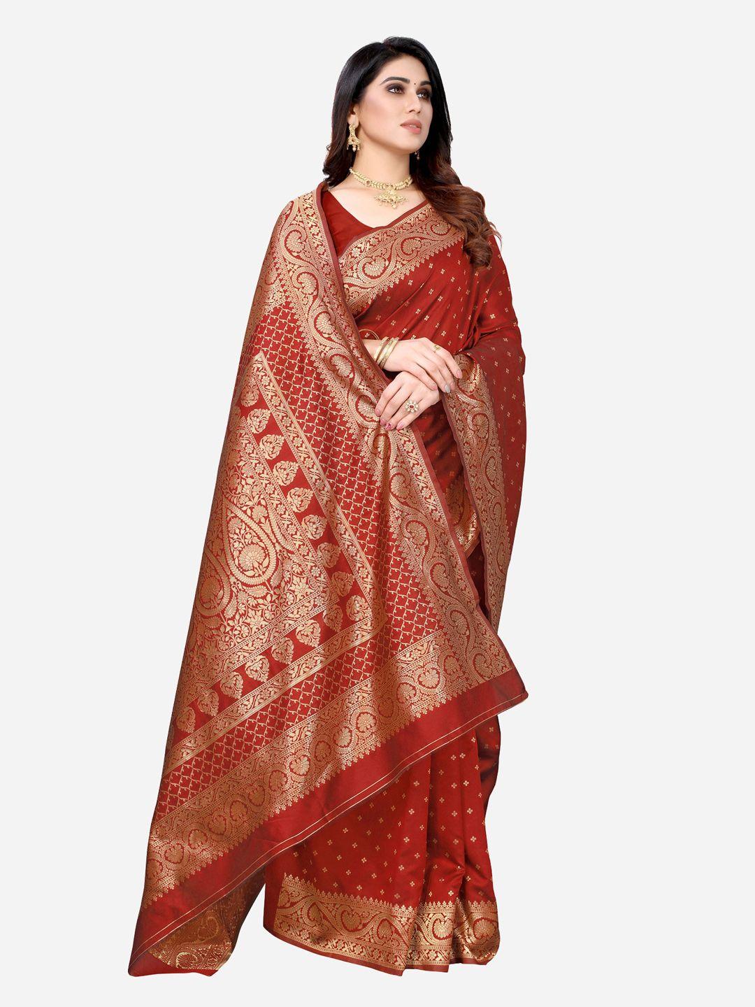 siril red & gold-toned woven design zari banarasi saree