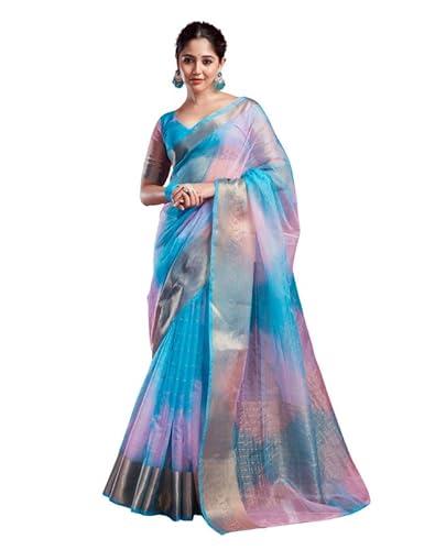 siril women's organza jacquard woven zari stripe saree with unstitched blouse piece (3644s429_light blue)