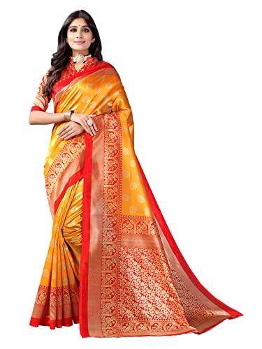 siril women's printed silk banarasi saree with blouse piece (2331s805_mustrad yellow)