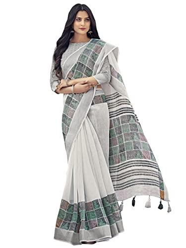 siril women's silver border & printed cotton saree with blouse(2501s9574_white)