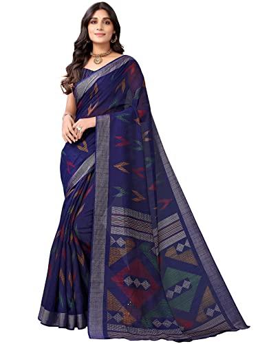 siril women's tassel & printed cotton saree with blouse(2518s206_dark blue)