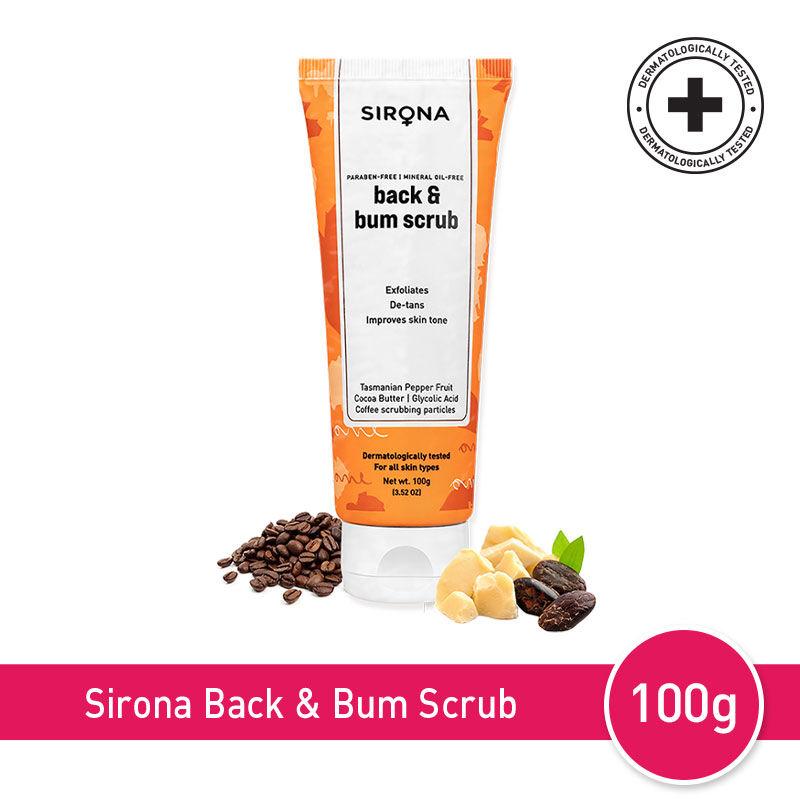 sirona exfoliating back & bum coffee scrub for men & women, gentle for uneven, dark & patchy skin