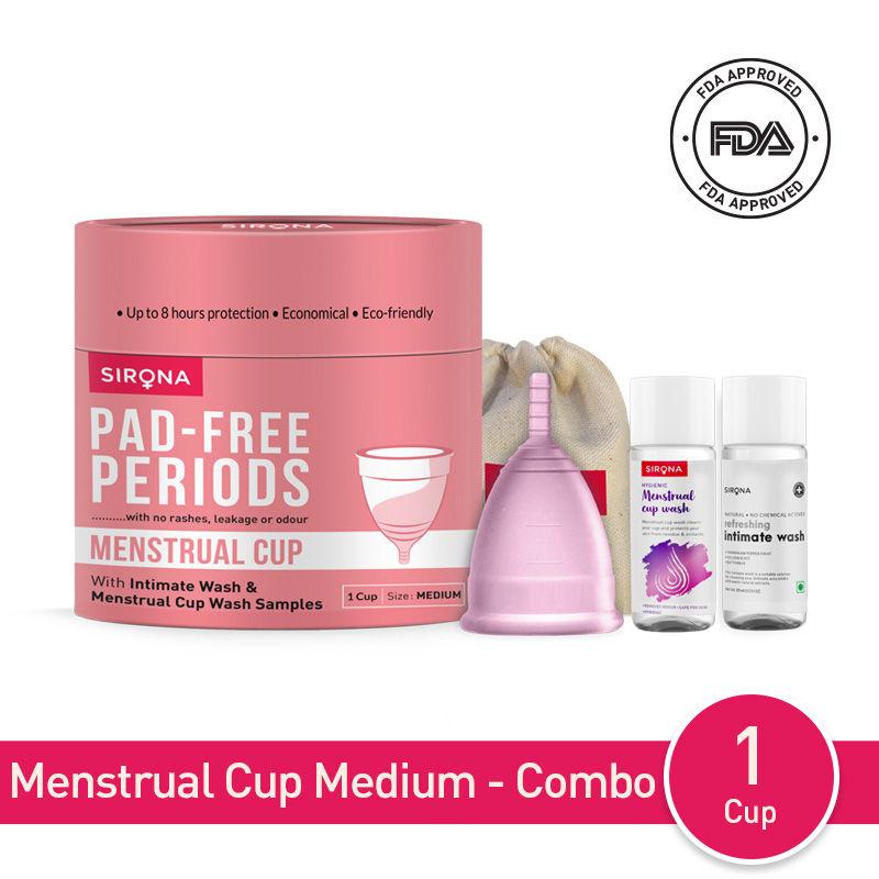sirona fda approved reusable menstrual cup (medium size) with pouch, mini intimate wash & cup wash