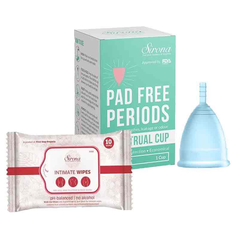 sirona fda approved reusable menstrual cup (small size) with natural intimate wipes