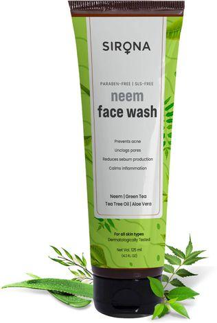 sirona neem face wash for men & women a€“ 125 ml with neem, green tea, tea tree oil & aloe vera | for unclogs pores, reduces sebum production & calms inflammation