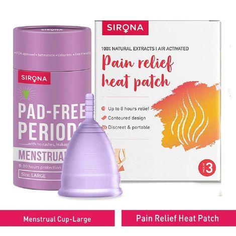 sirona fda approved reusable menstrual cup (large) with pain relief heat patches (pack of 3)