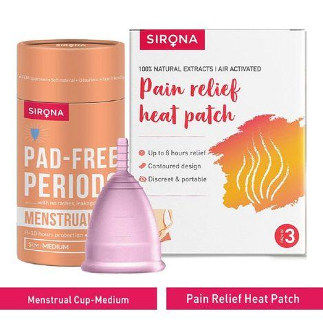 sirona fda approved reusable menstrual cup (medium) with pain relief heat patches (pack of 3)