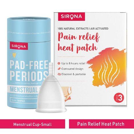 sirona fda approved reusable menstrual cup (small) with pain relief heat patches (pack of 3)