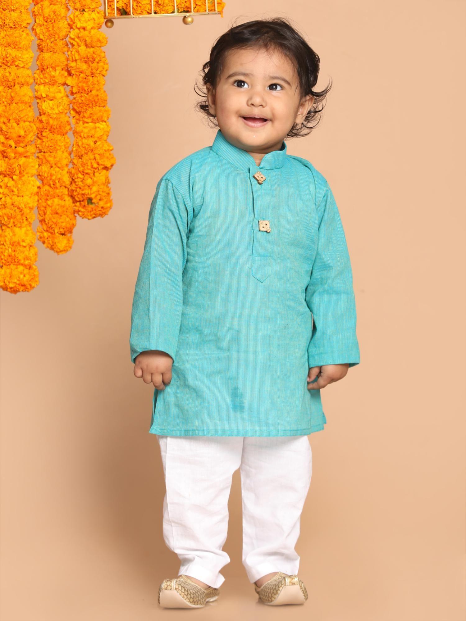 sishu infant boys cyan white pure cotton kurta with pyjama