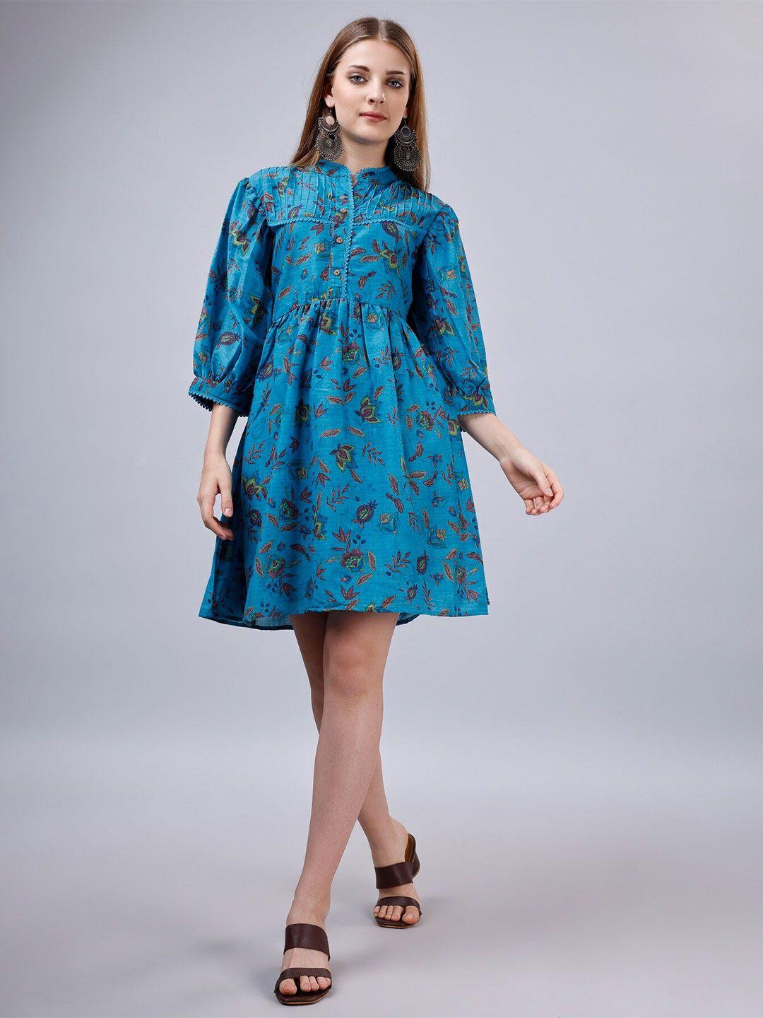 sitanjali floral print tie-up neck puff sleeve cotton fit & flare dress