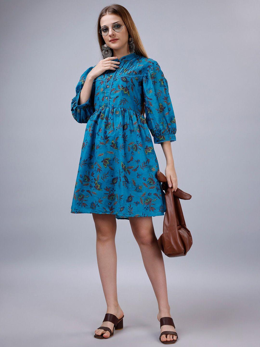 sitanjali floral print tie-up neck puff sleeve fit & flare dress