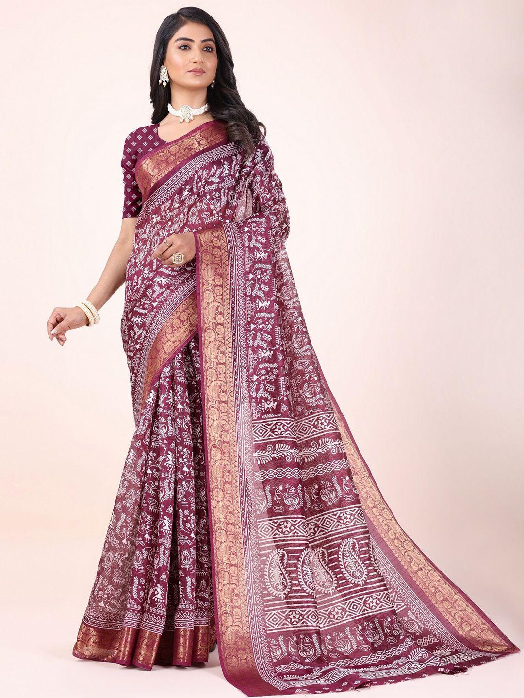 sitanjali floral printed zari cotton chanderi saree