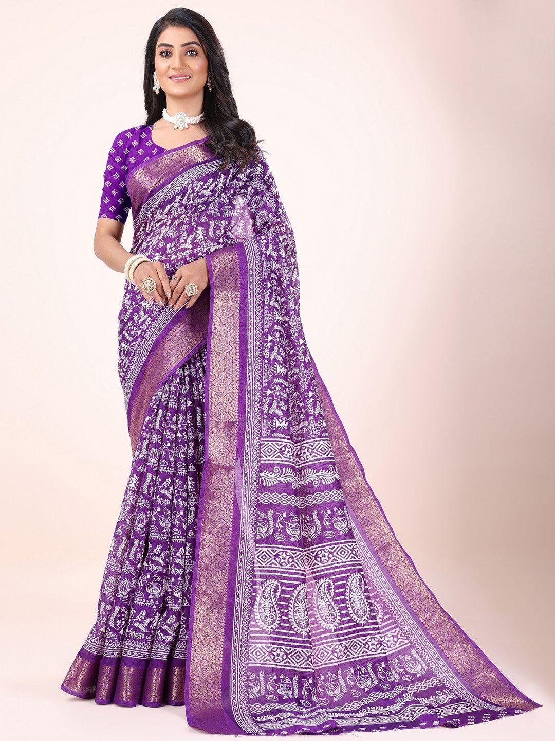 sitanjali floral printed zari cotton chanderi saree