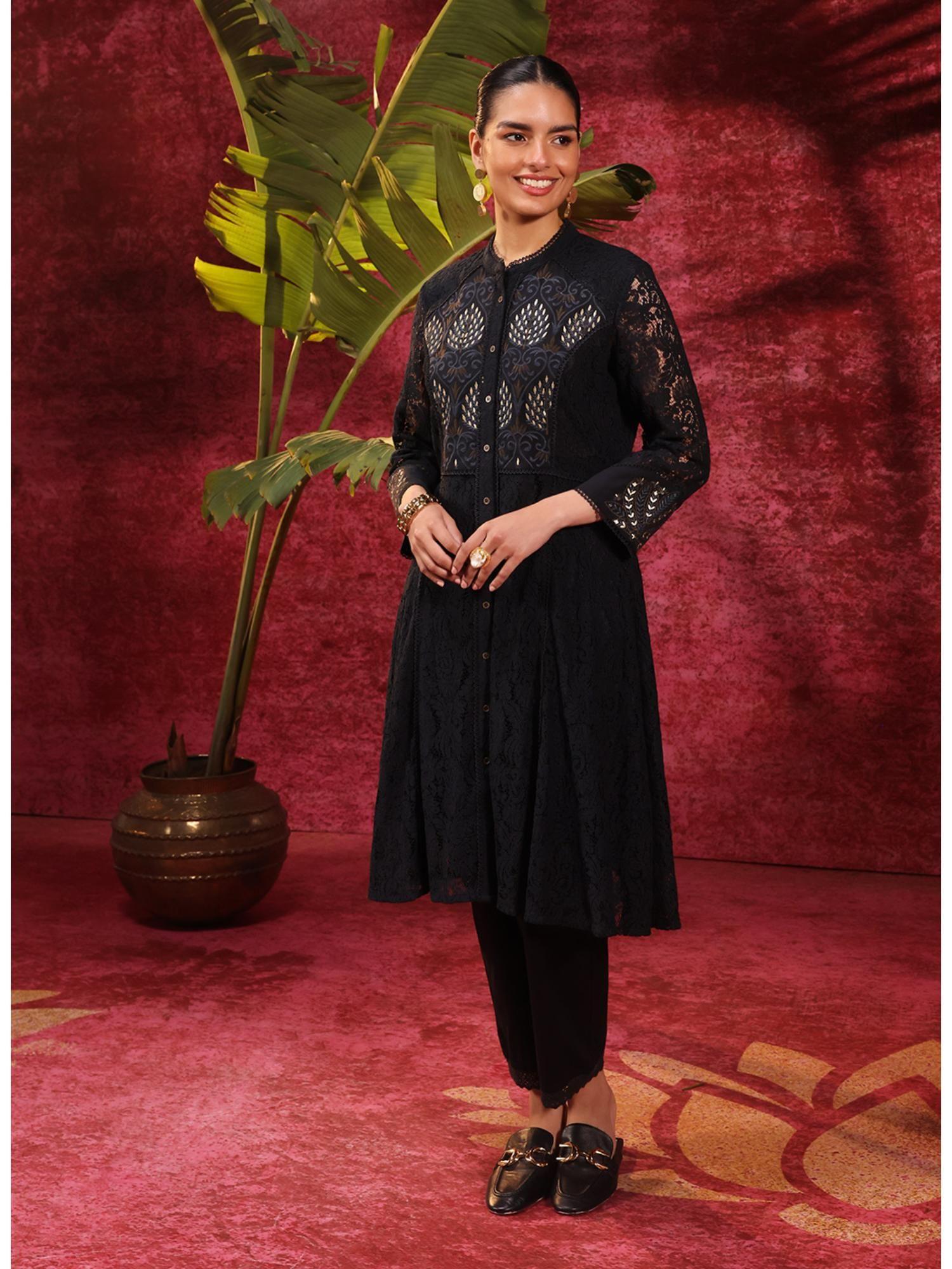 sitara black embroidered raschel net designer kurta