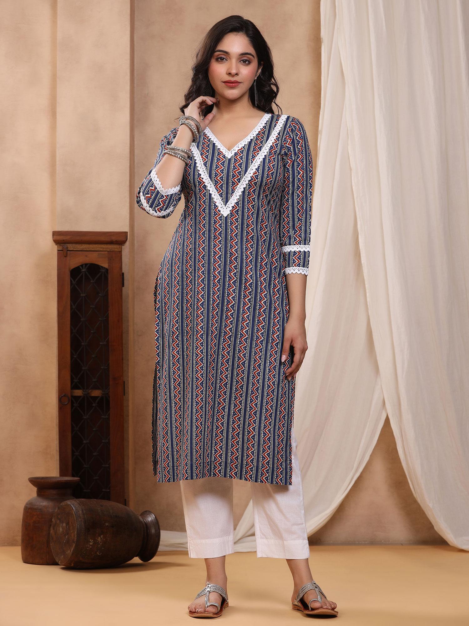 sitara blue block print kurti with crochet lace