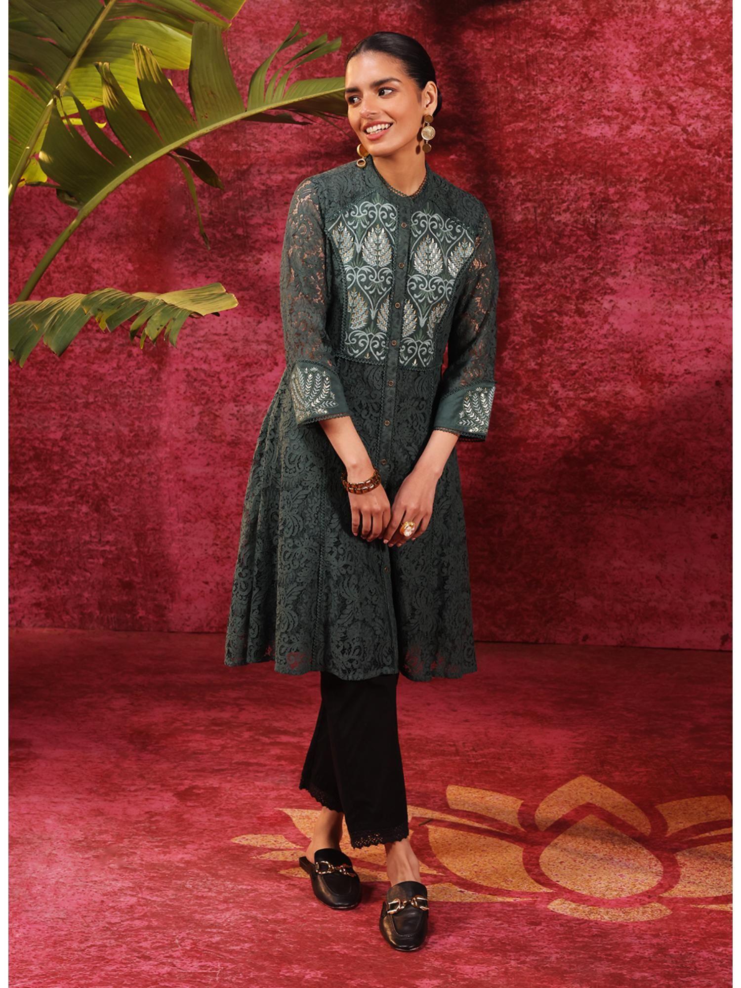 sitara forest green embroidered raschel net designer kurta