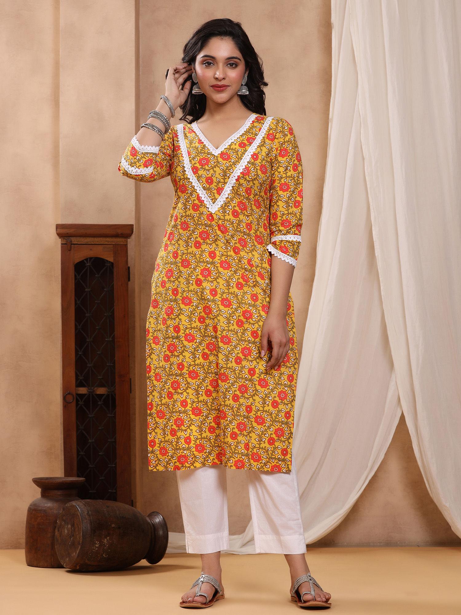 sitara yellow block print kurti with crochet lace