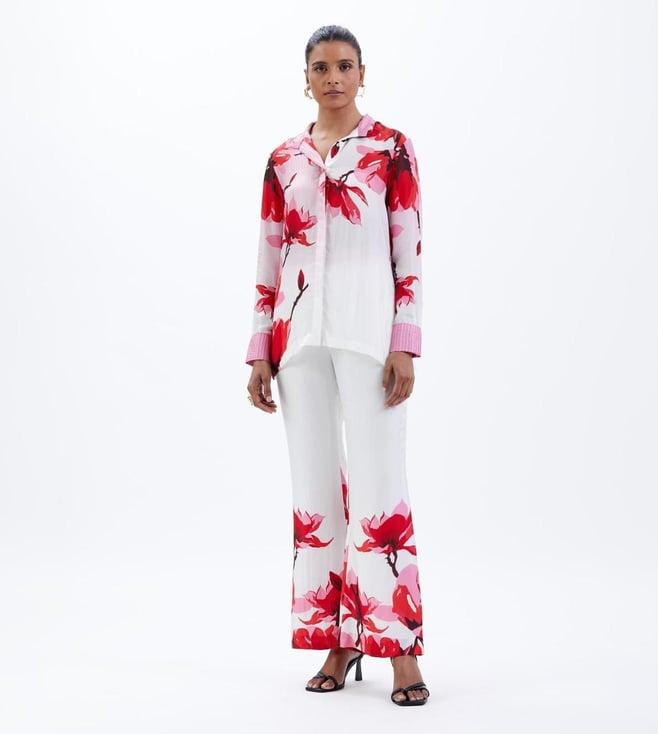 sitaraa ivory & red mahua gulistan shirt with wide bottom trouser