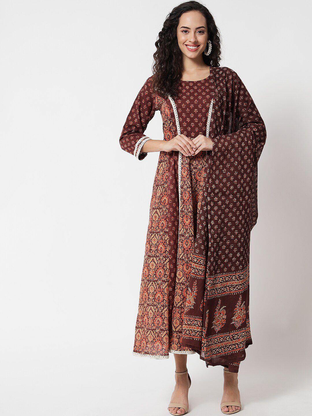 sitaram designer women brown ethnic motifs printed empire pure cotton kurti with trousers & with dupatta