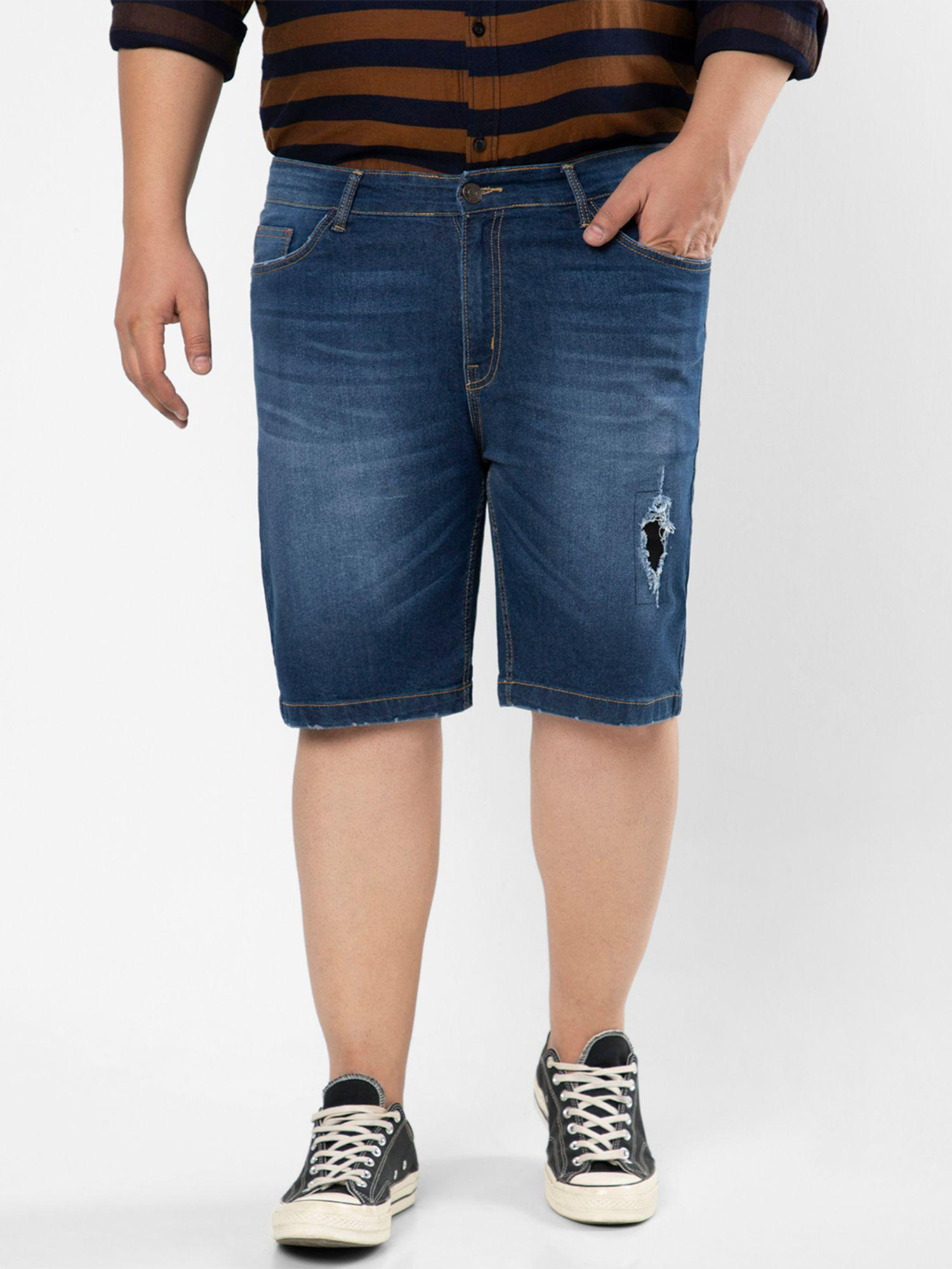 size men's solid torn stylish denim shorts,navy blue