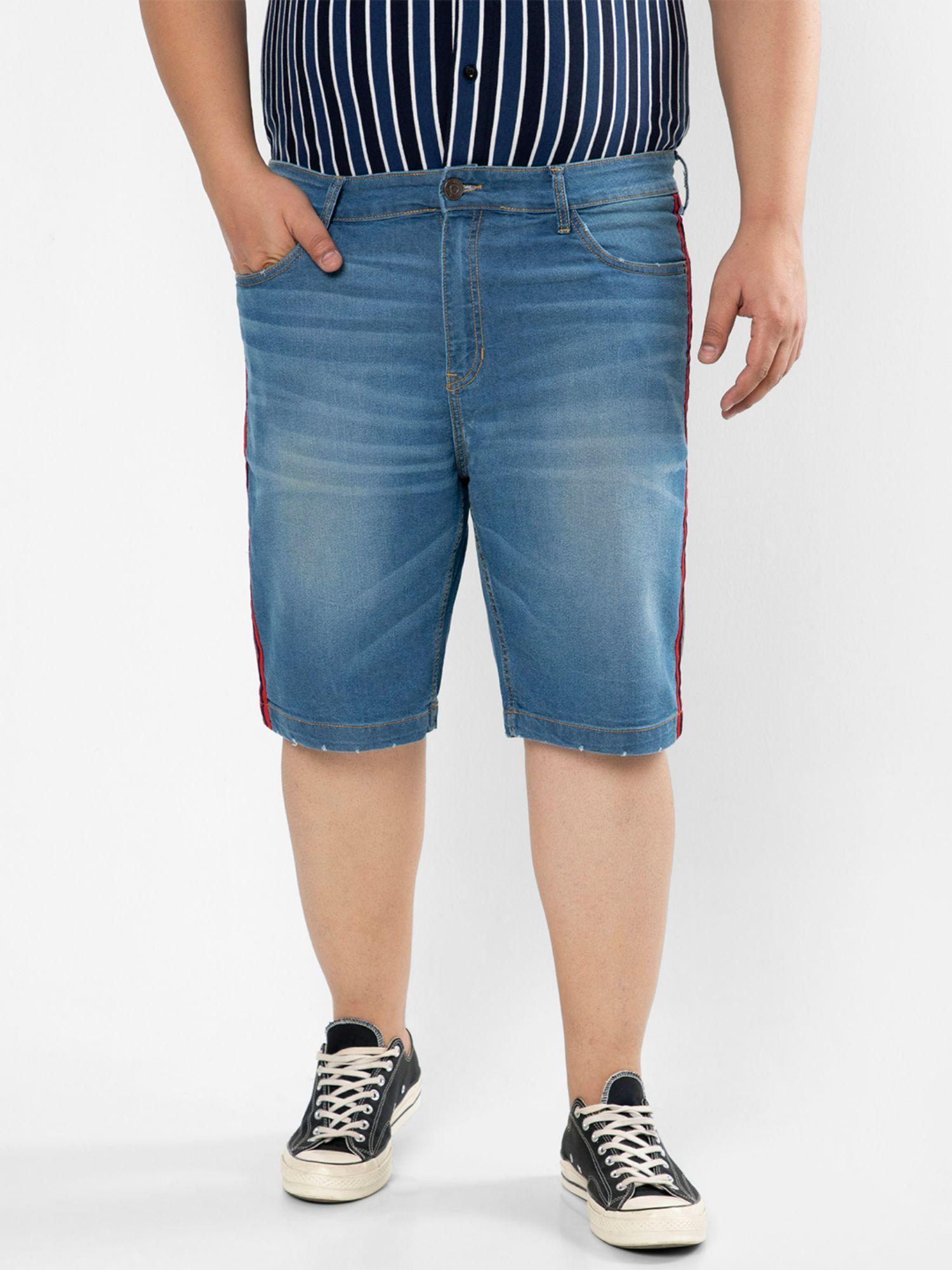 size men's solid & side striped stylish denim shorts,blue