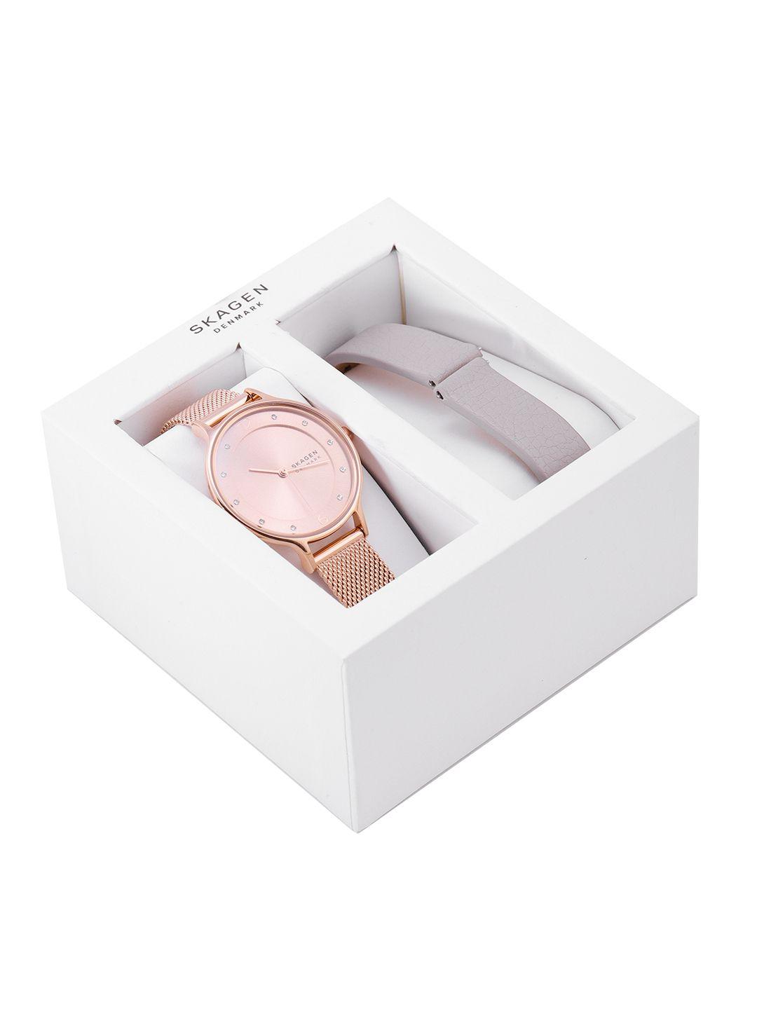 skagen women rose gold-toned dial & bracelet straps analogue watch skw1150set with straps