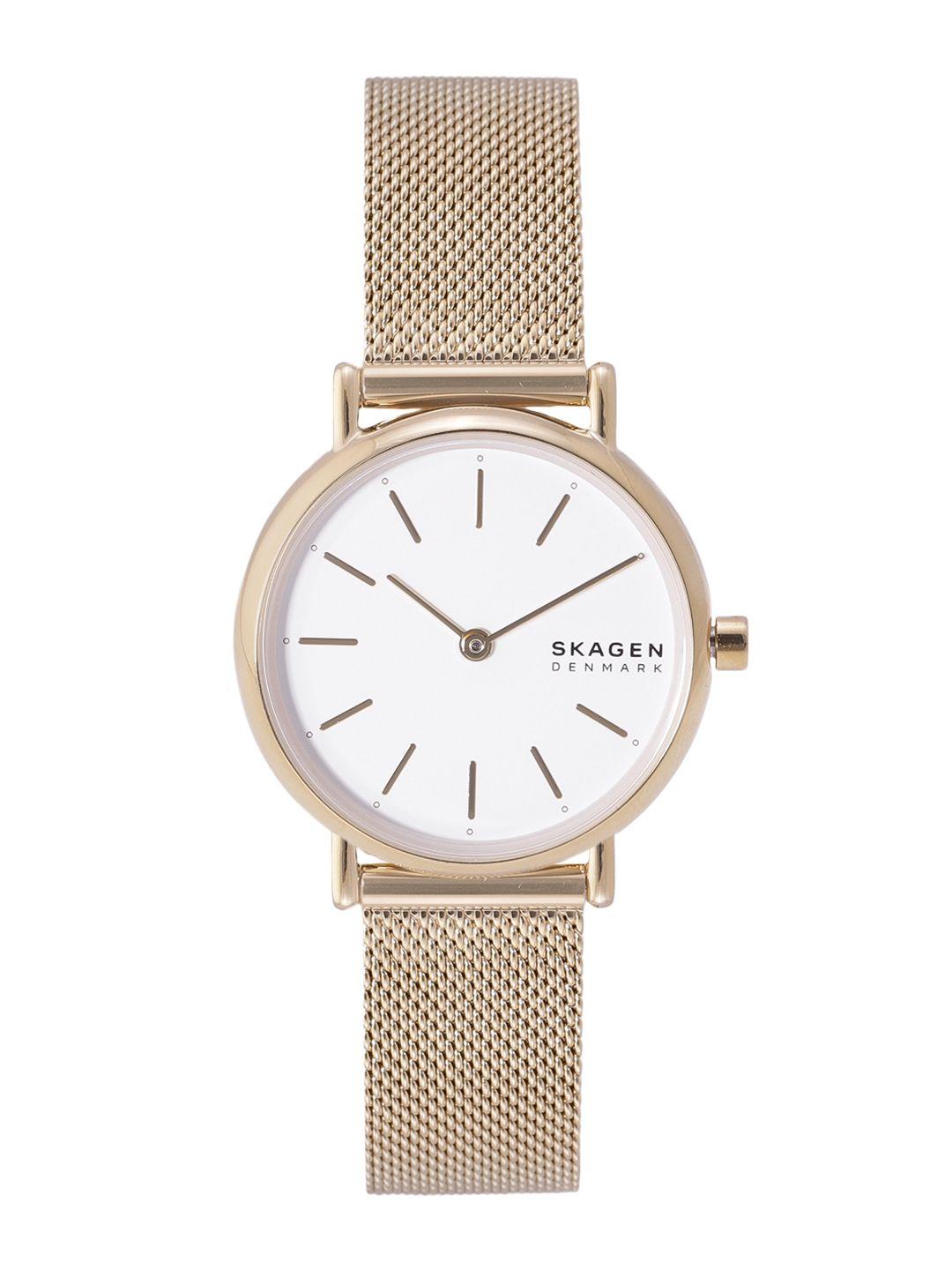 skagen women white dial & gold toned bracelet style straps analogue watch skw2693