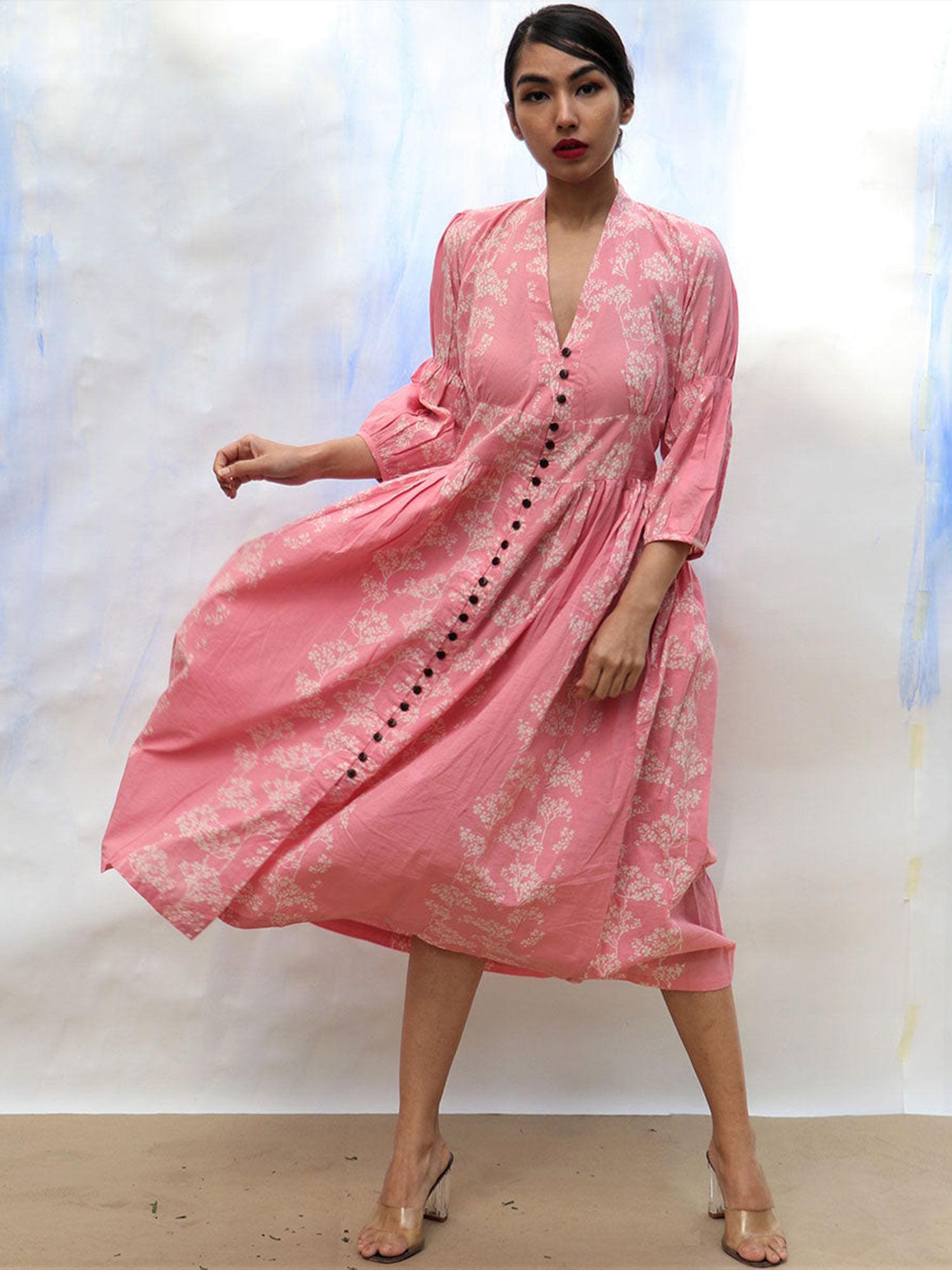 skd pink handprinted front open pure cotton dress