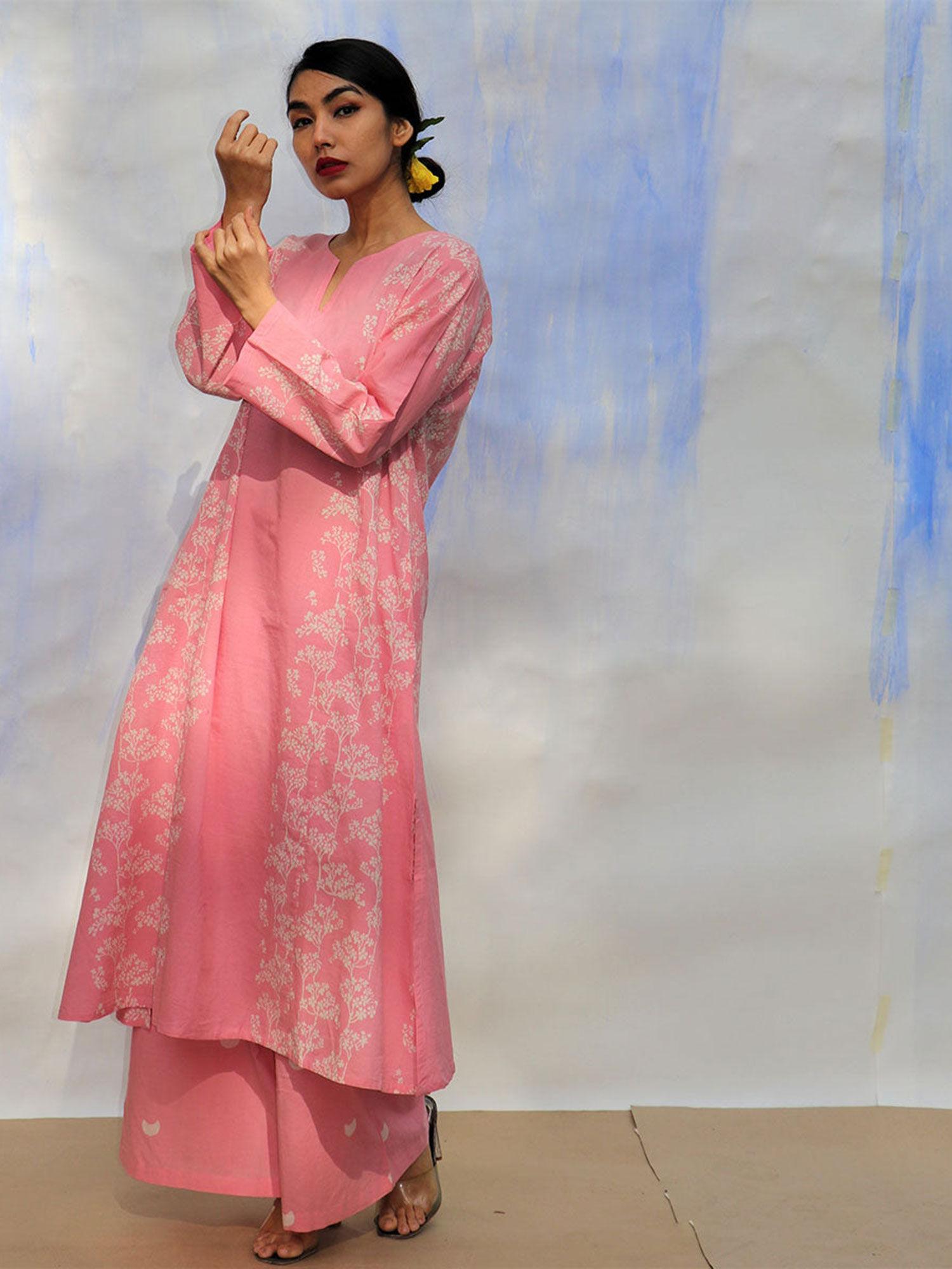 skd pink handprinted pure cotton kurta (set of 2)