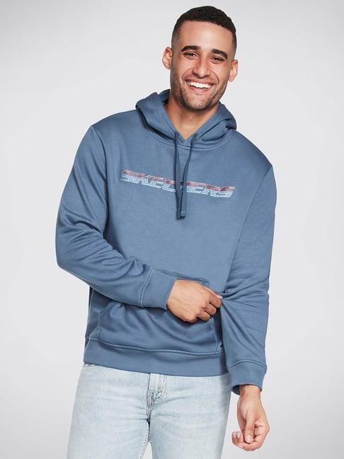 skechers blue comfort fit printed hooded sweatshirt