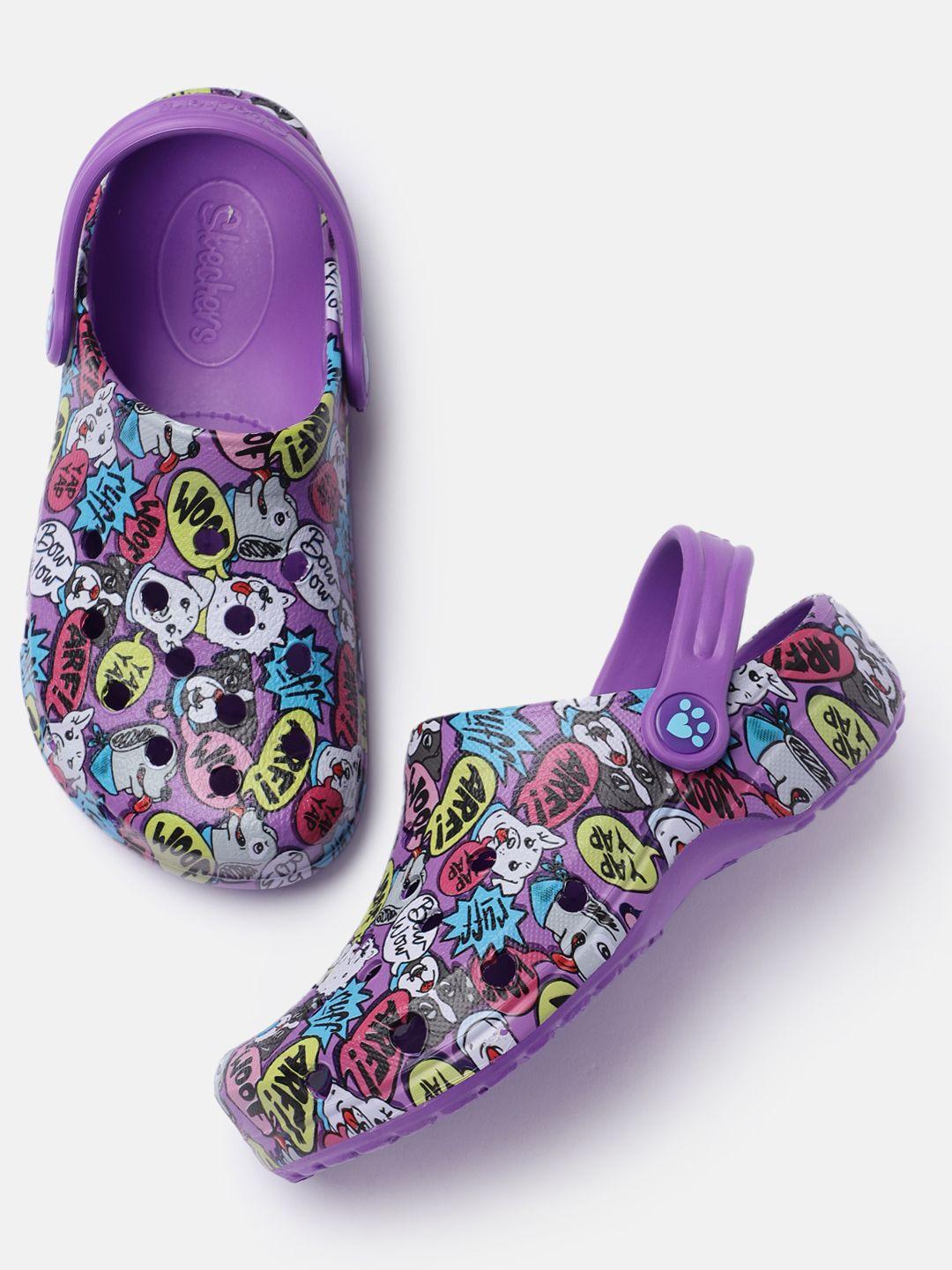 skechers girls purple printed clogs with jibbitz