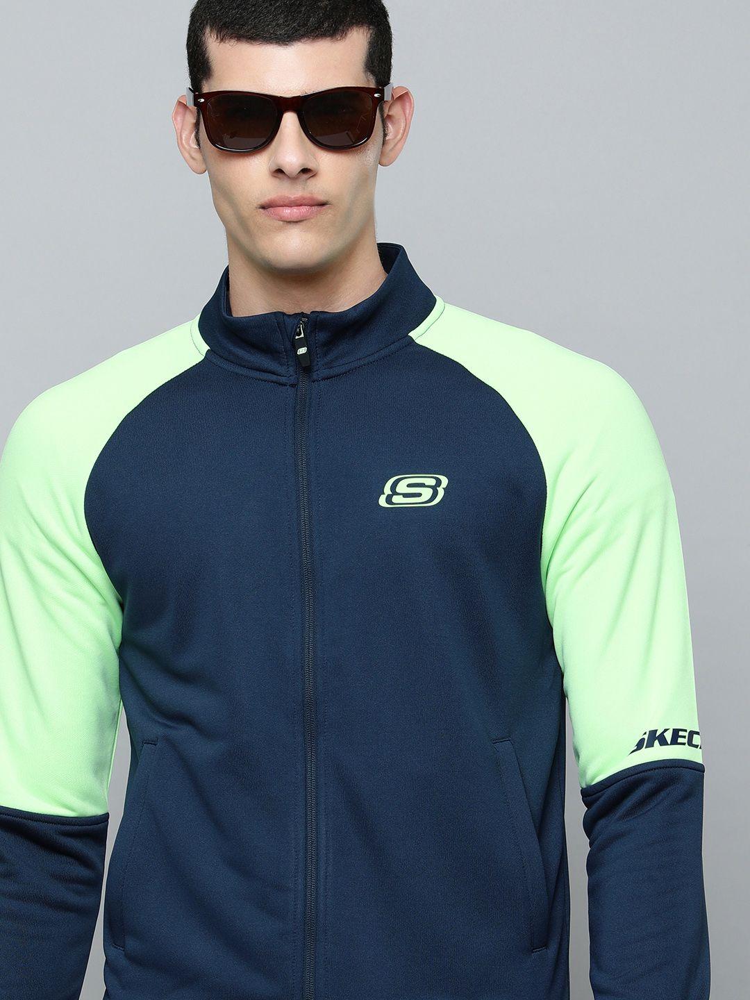 skechers men navy blue & fluorescent green solid skechtech sporty jacket